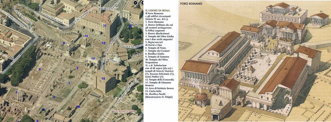 Trung tâm La Mã cổ đại Foro Romano hiện tại và tái tạo 3D thời xưa